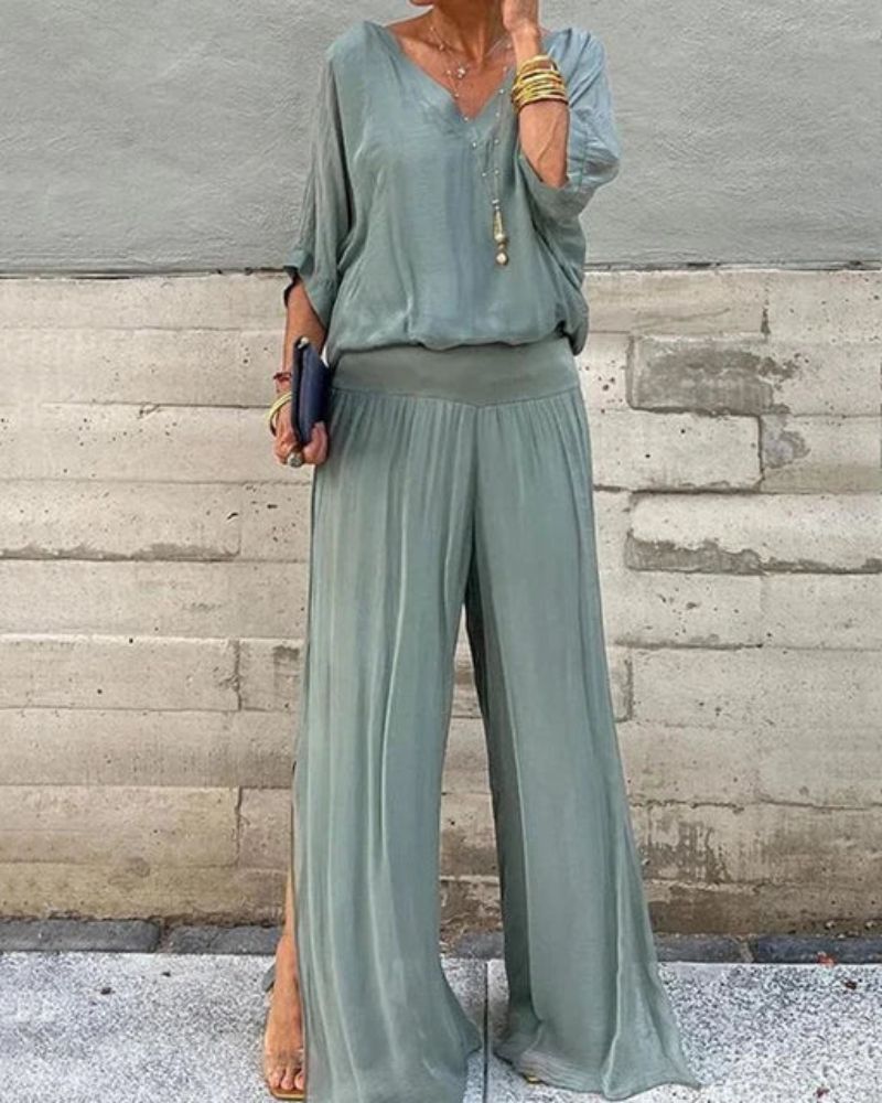 Astride – Elegantni komplet sa bluzom i širokim pantalonama