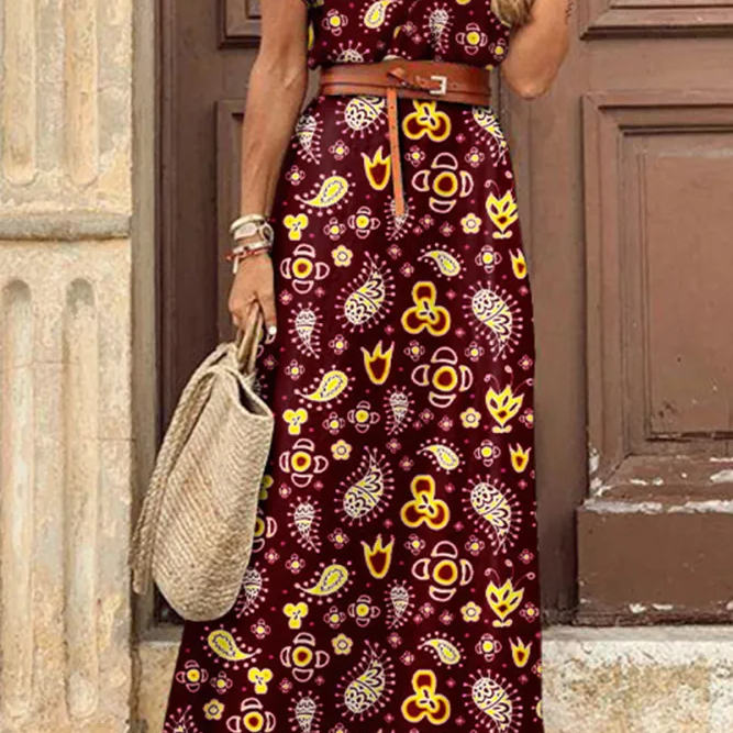 Irina - A kroj haljina sa elegantnom štampom, bez pojasa i sa V izrezom