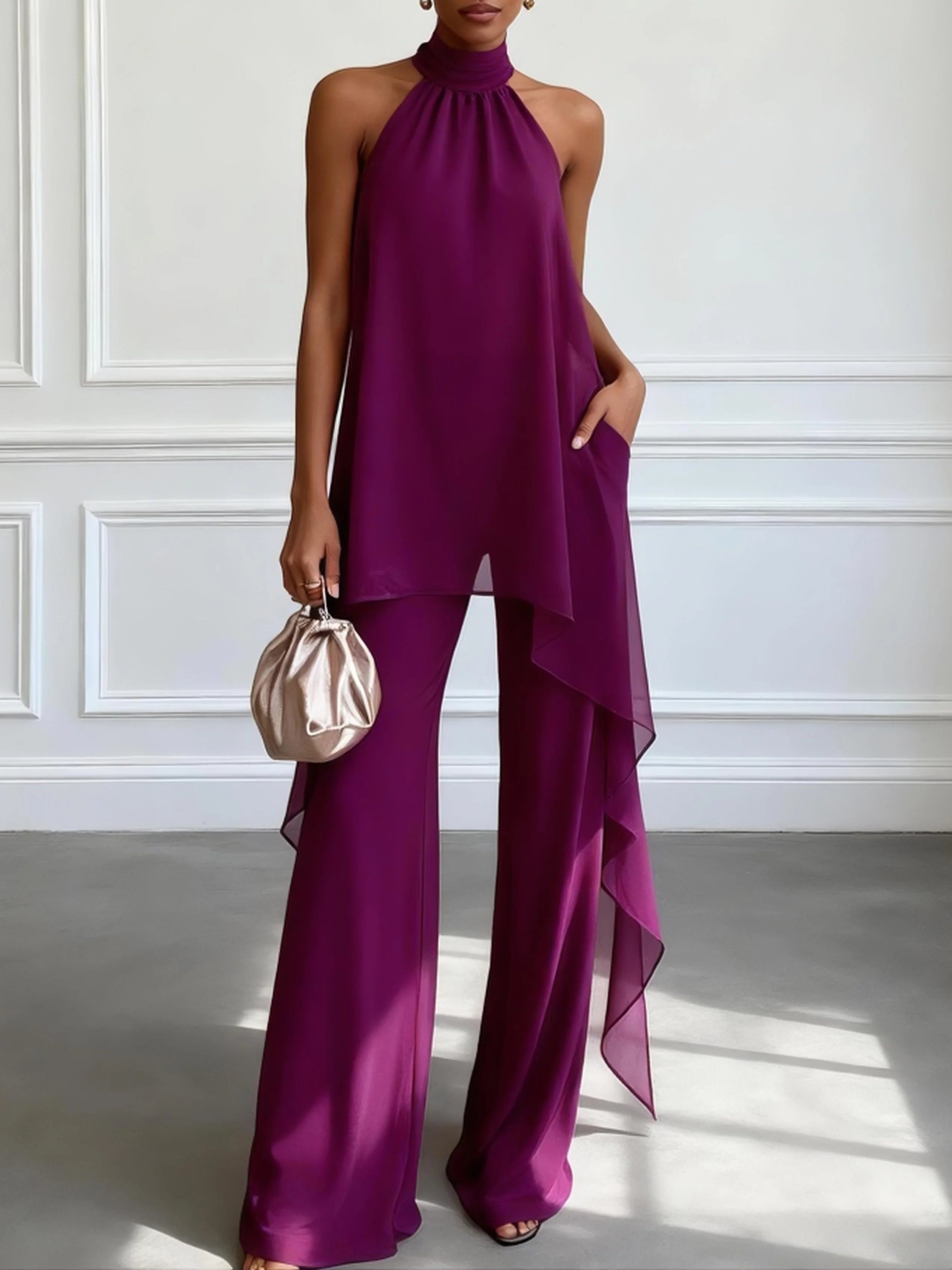 Viola – Elegantni komplet sa topom sa vezivanjem oko vrata i pantalonama