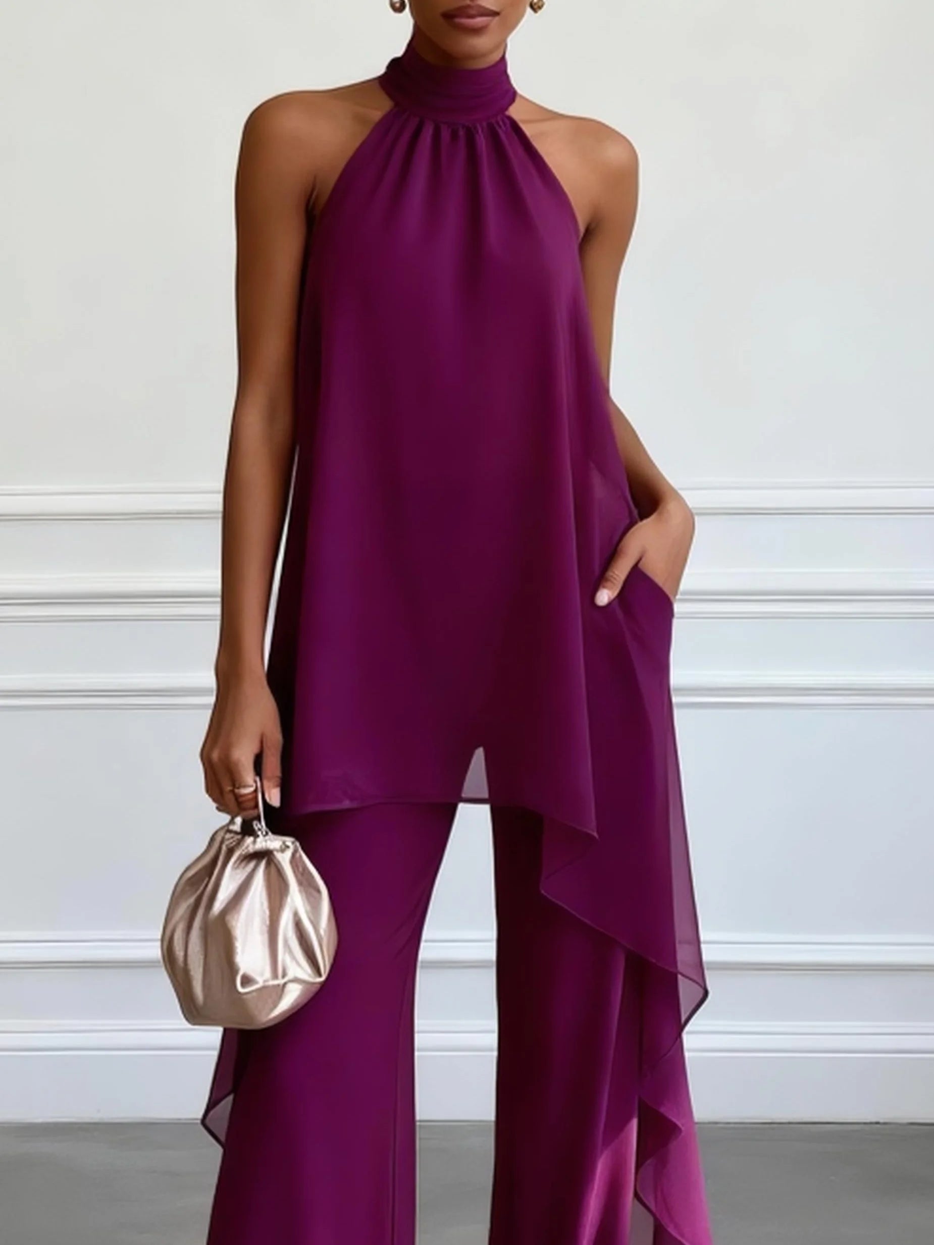 Viola – Elegantni komplet sa topom sa vezivanjem oko vrata i pantalonama