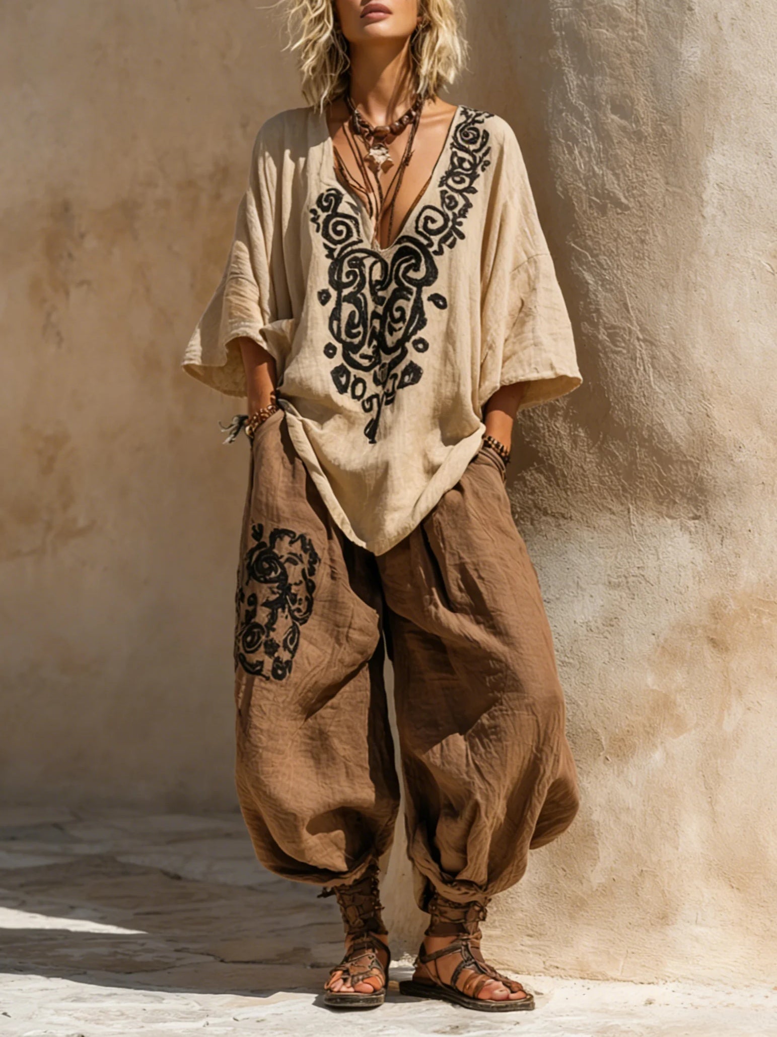 Runa – Boho trodelni komplet sa kardiganom, bluzom i pantalonama